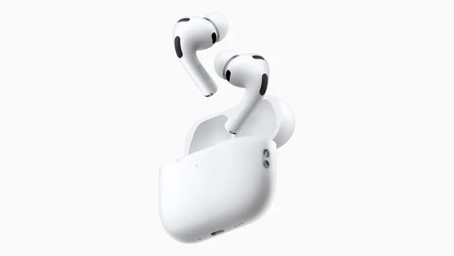 Apple AirPods Pro 3 med opladningsetui på hvid baggrund