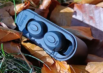 Sorte Sound by Sweden Nero-TX Pro 2nd Gen i ladeetuiet placeret på efterårsløv i efterårssolen
