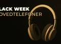 Illustration af et mørkt rum med tegneseriehovedtelefoner og klar tekst, der siger "BLACK WEEK HOVEDTELEFONER"