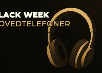 Illustration af et mørkt rum med tegneseriehovedtelefoner og klar tekst, der siger "BLACK WEEK HOVEDTELEFONER"