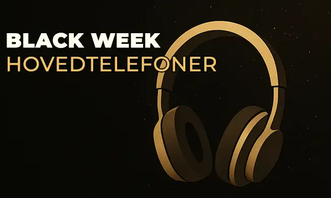 Illustration af et mørkt rum med tegneseriehovedtelefoner og klar tekst, der siger "BLACK WEEK HOVEDTELEFONER"
