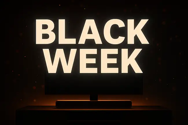 Mørkt rum med TV og soundbar i baggrunden med hvid tekst foran: "Black week"