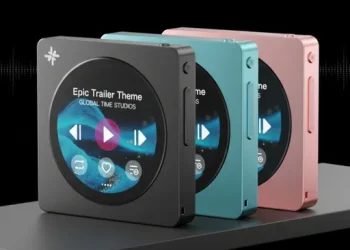 FiiO Snowsky Disc bærbar musikafspiller med rund touchskærm i sort, teal og pink