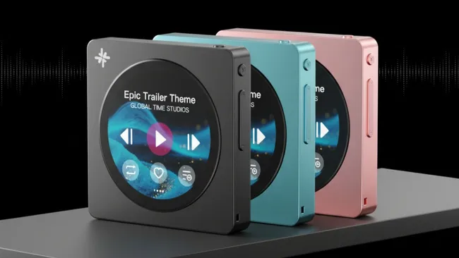 FiiO Snowsky Disc bærbar musikafspiller med rund touchskærm i sort, teal og pink