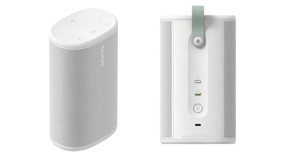 Lækket billede af hvid Sonos Play bærbar højttaler set bagfra med bæreløkke