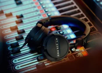 Beyerdynamic DT 275 Pro kablede on-ear-hovedtelefoner placeret på et mixerpult.