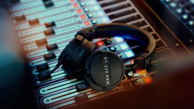 Beyerdynamic DT 275 Pro kablede on-ear-hovedtelefoner placeret på et mixerpult.